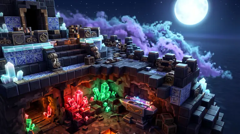 Ruína de templo construída em blocos cúbicos com veios de cristais rubi e esmeralda numa forja subterrânea e uma tempestade luminosa a aproximar-se.