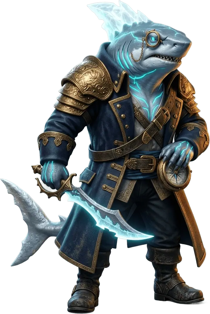 Capitão Luaro Selenir de corpo inteiro em pose de abordagem, segurando o seu sabre crescente de meteorito e bússola de latão.